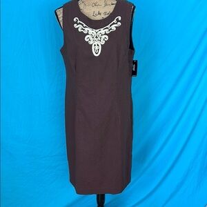 Brown Linen/ Cotten Sleeveless Dress with White Embroidery